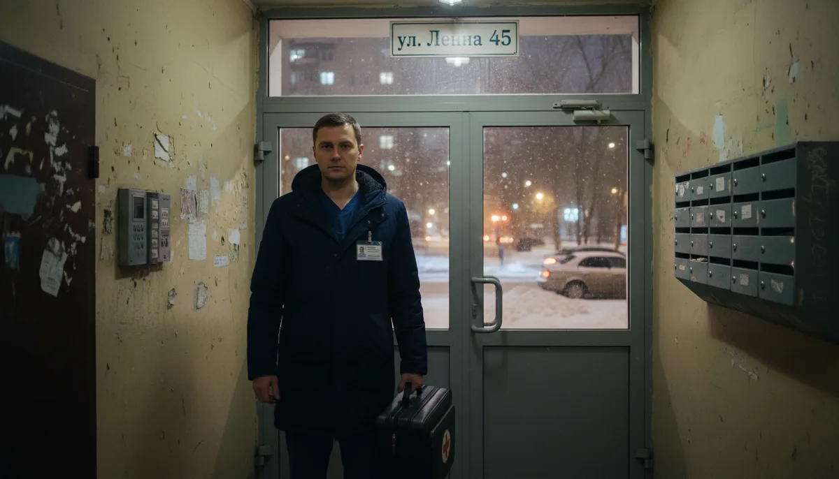 врач-нарколог с медицинской укладкой, подъезд жилого дома, зимний вечер, Екатеринбург