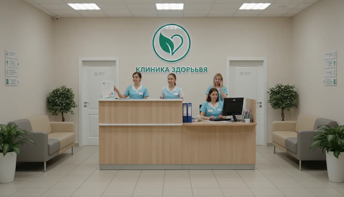 приёмное отделение клиники, стойка регистрации, мягкое освещение, медицинский персонал в форме