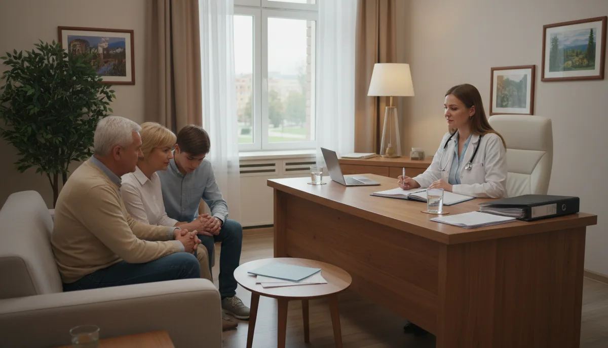 Родственники на приёме у нарколога, медицинская документация, спокойная консультационная обстановка